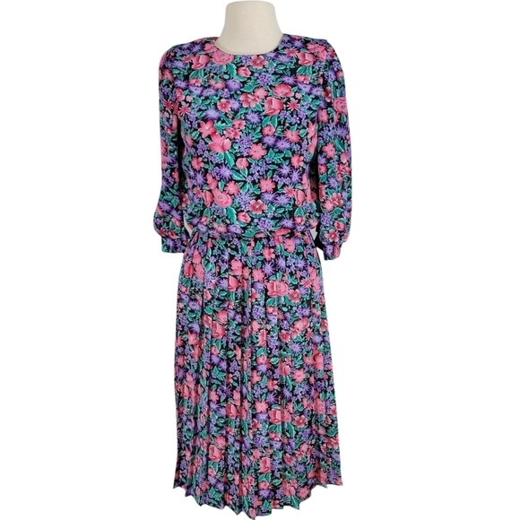 80s Vintage Sweet Miranda Pink & Purple  Floral Pleated Blouson Dress - Picture 1 of 9